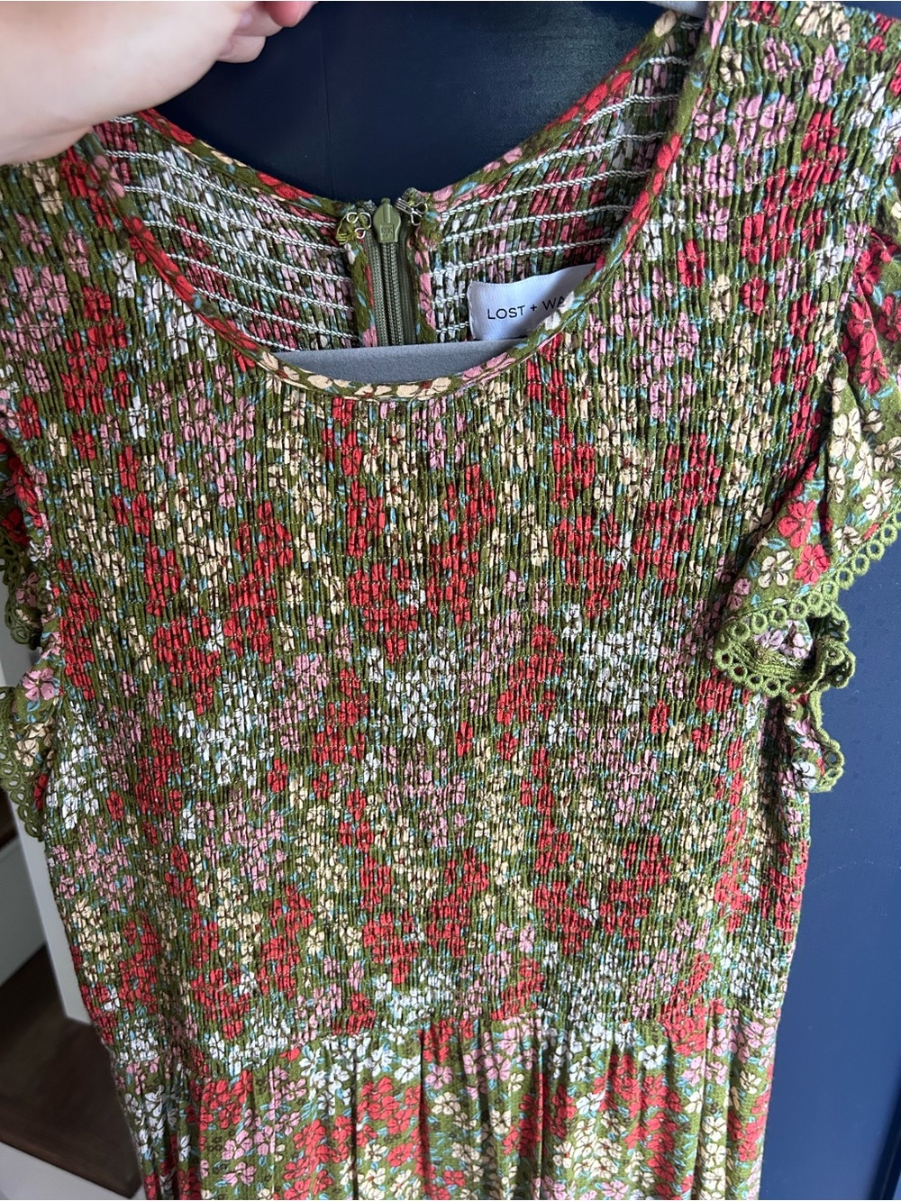 Lost + Wander Kids Olive Floral Smocked Dress with Red Accents